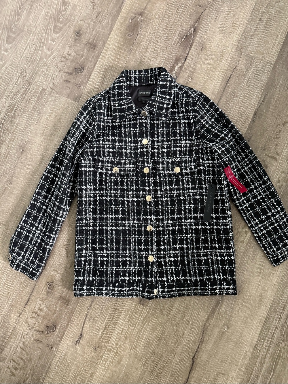 Carbon38 Black White Tweed Plaid Jacket Gold Buttons NWT Size S